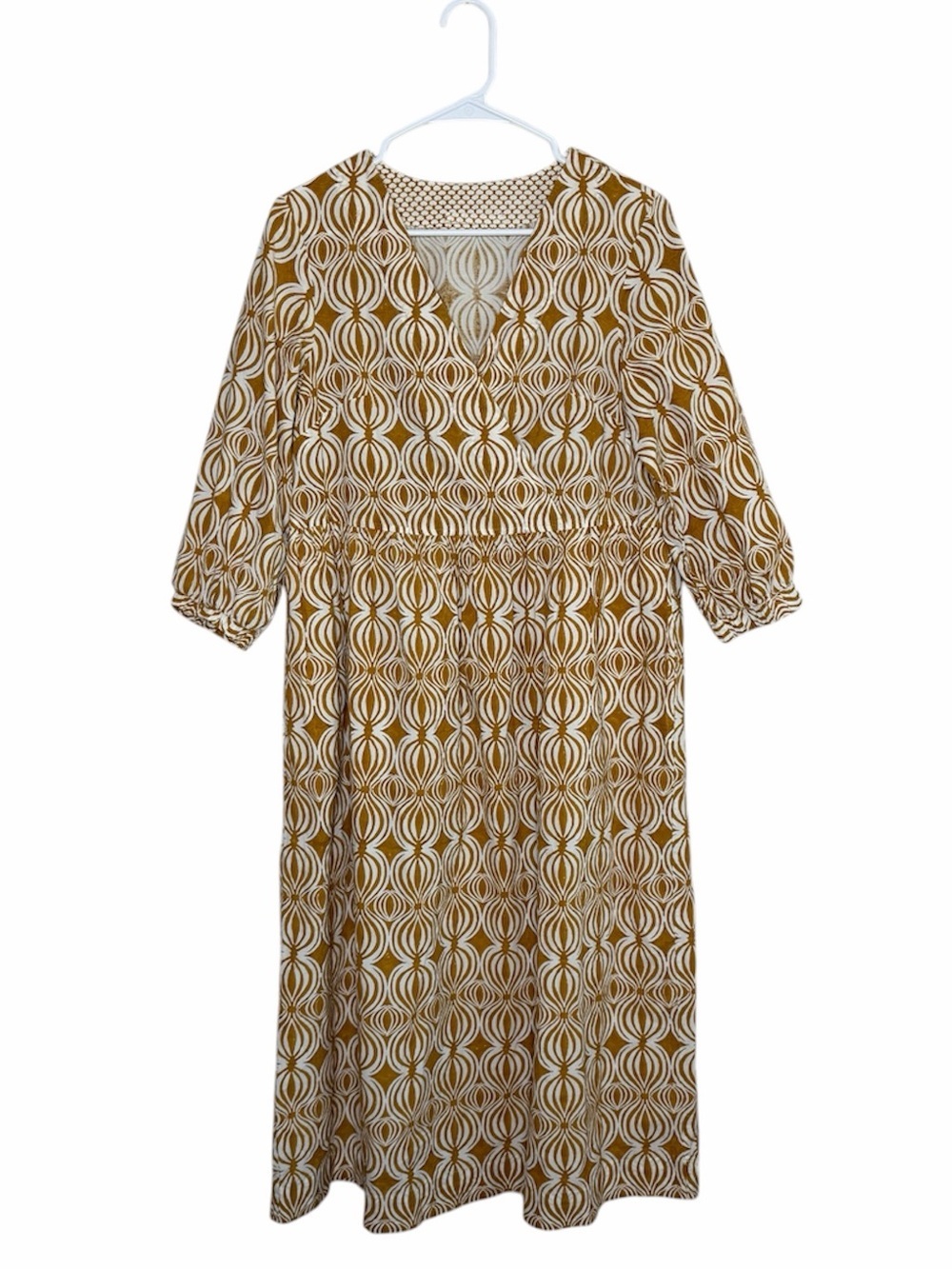 Toast UK Cross Front Yellow Seed Pod Block Print Midi Dress Size Small Cotton - Picture 2 of 11
